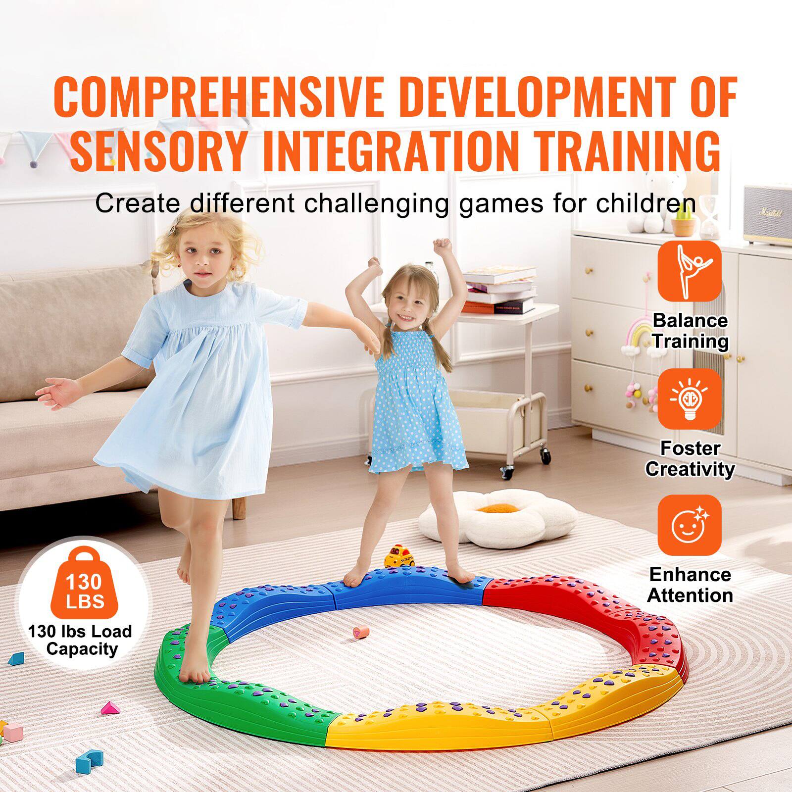 COMPREHENSIVE DEVELOPMENT OF SENSORY INTEGRATION TRAINING

Create different challenging games for children

Balance Training  
Foster Creativity  
Enhance Attention  

130 LBS Load Capacity