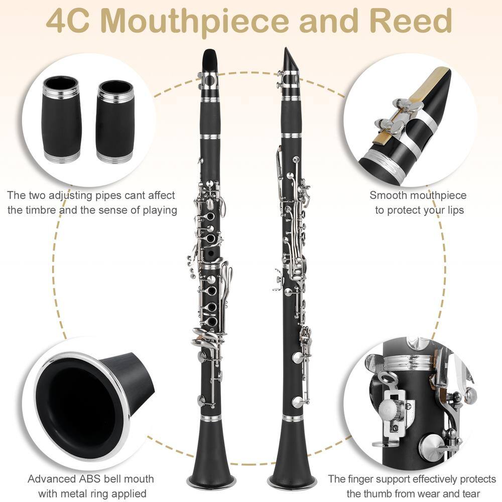 4C Mouthpiece and Reed

- The two adjusting pipes can't affect the timbre and the sense of playing
- Smooth mouthpiece to protect your lips
- Advanced ABS bell mouth with metal ring applied
- The finger support effectively protects the thumb from wear and tear