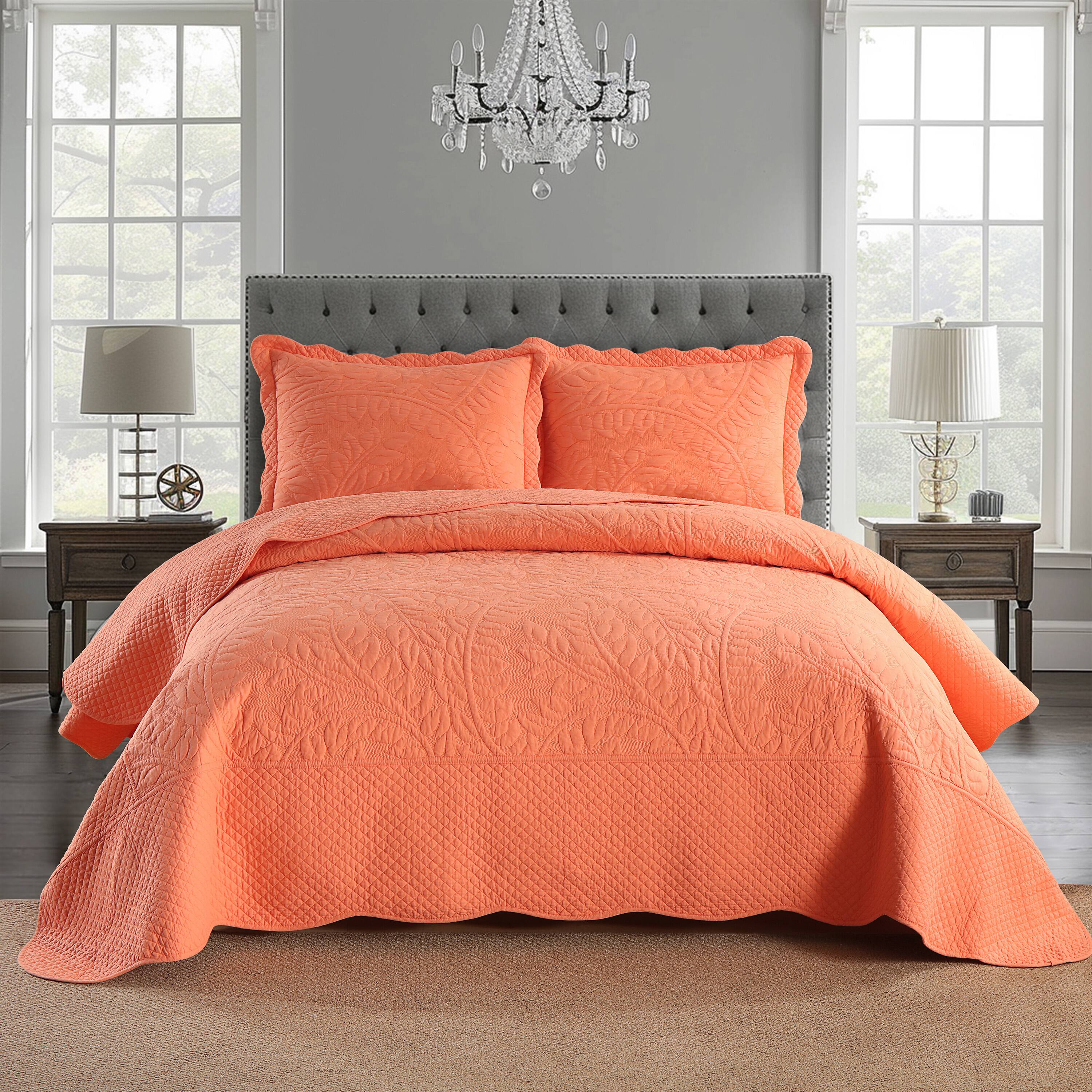 Angle. MarCielo - Marcielo 2/3 Piece 100% Cotton Oversized Bedspread Lightweight Quilt Set - Salmon.