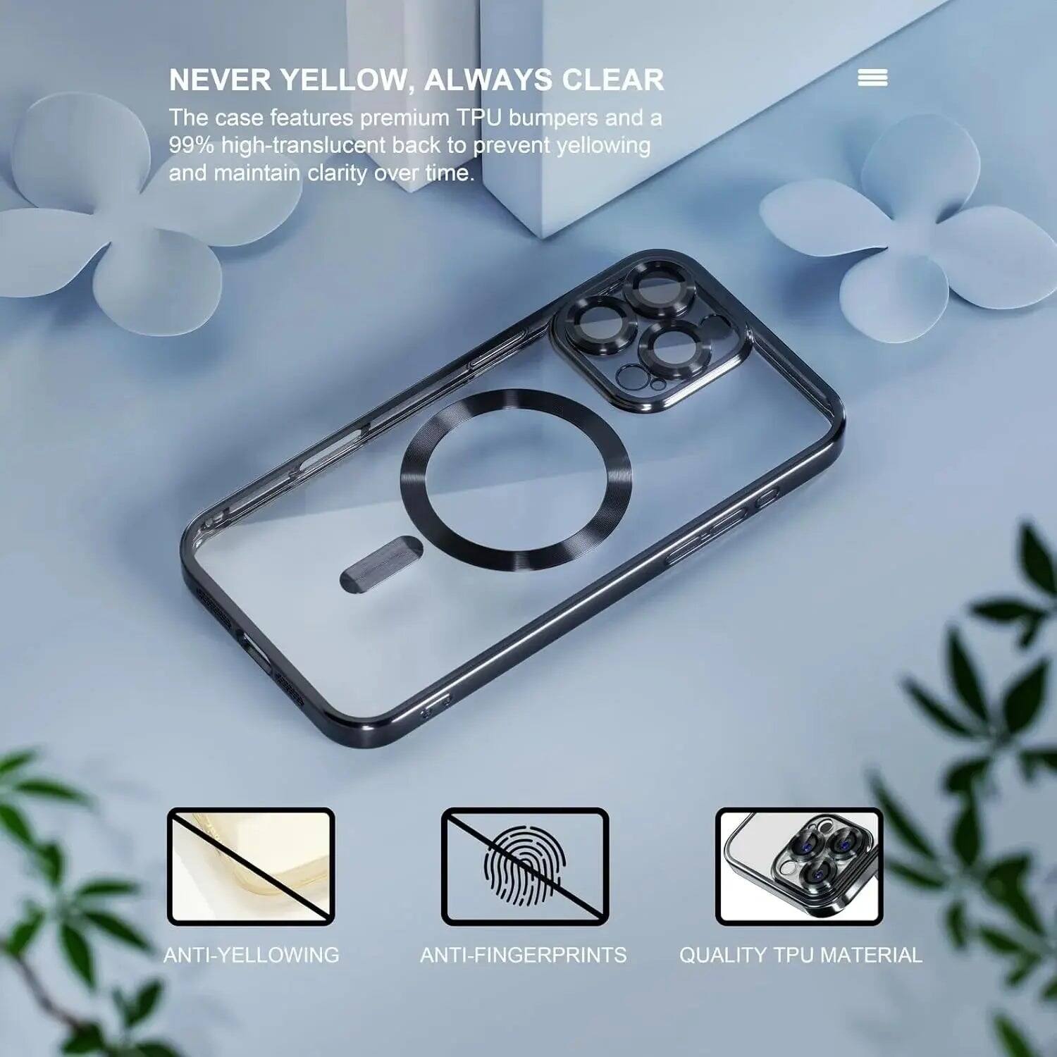 NEVER YELLOW, ALWAYS CLEAR  
The case features premium TPU bumpers and a 99% high-translucent back to prevent yellowing and maintain clarity over time.

ANTI-YELLOWING  
ANTI-FINGERPRINTS  
QUALITY TPU MATERIAL