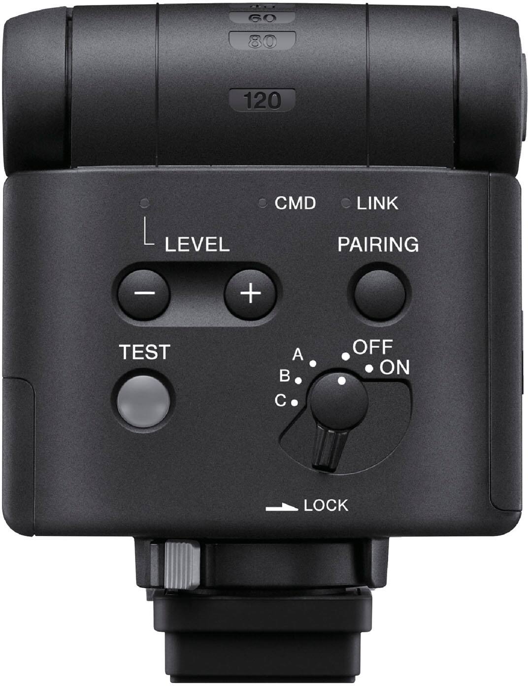 The image features a black device with several buttons on it. The buttons are labeled with "Level", "CMD", "Link", "Pairing", "Test", "A", "C", "On", "Off", and "Lock". The device is likely used for camera settings or other electronic equipment.