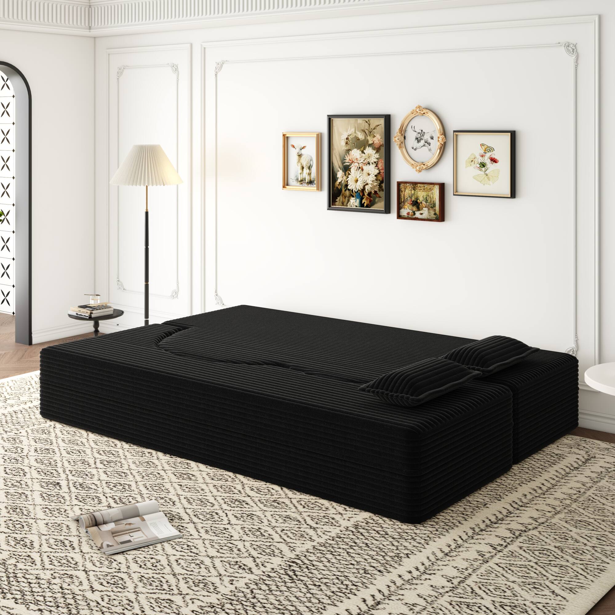 Alt View 1. GOODSILO - Convertible Plush Corduroy Floor Sleeper Sofa with Dual Pillows for Living Room and Guest Use - Black.