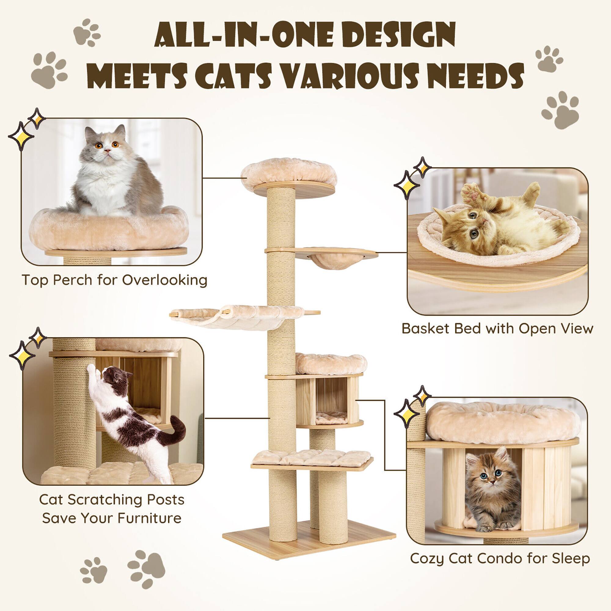 ALL-IN-ONE DESIGN MEETS CATS VARIOUS NEEDS

- Top Perch for Overlooking
- Basket Bed with Open View
- Cat Scratching Posts Save Your Furniture
- Cozy Cat Condo for Sleep