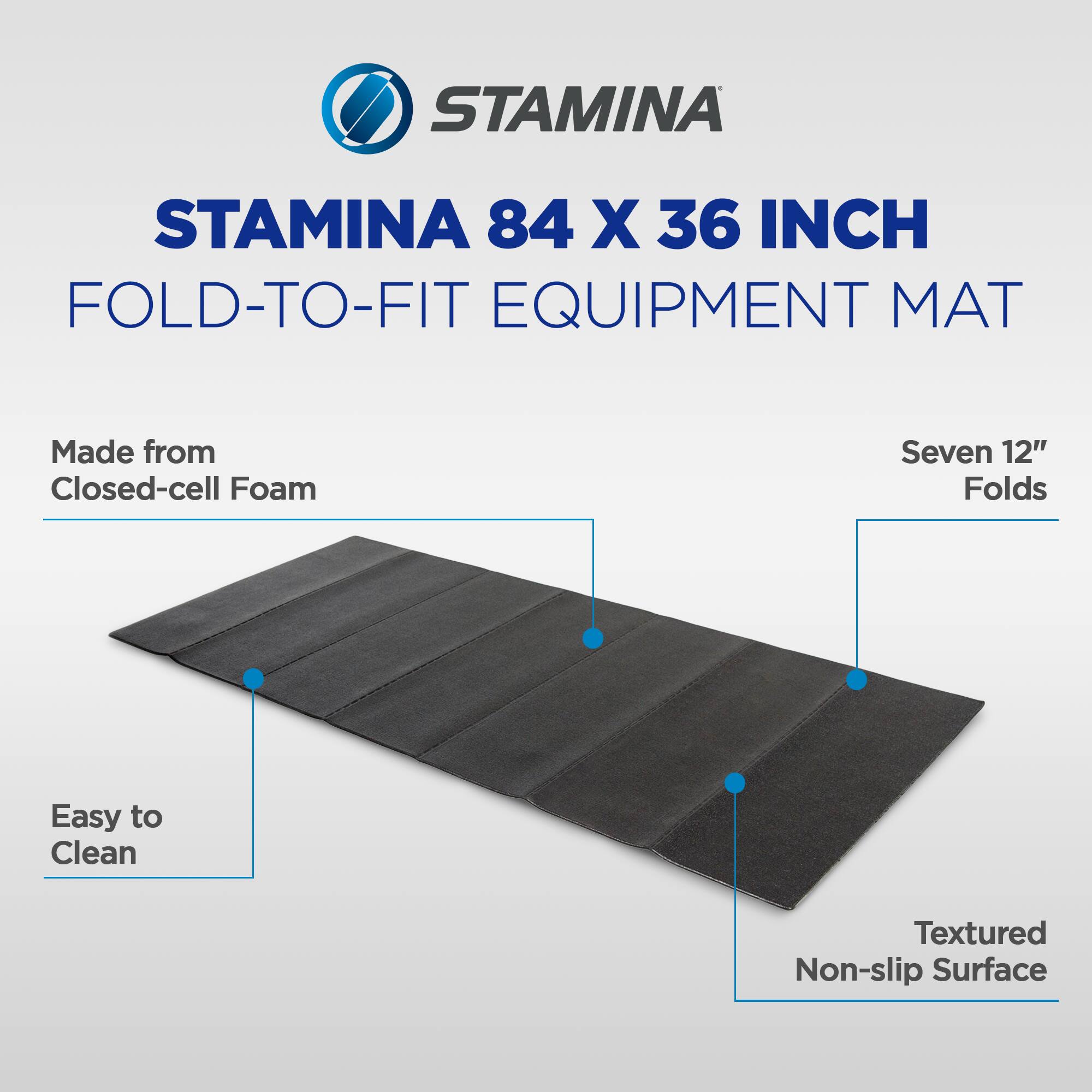 STAMINA 84 X 36 INCH FOLD-TO-FIT EQUIPMENT MAT

- Made from Closed-cell Foam
- Seven 12" Folds
- Easy to Clean
- Textured Non-slip Surface