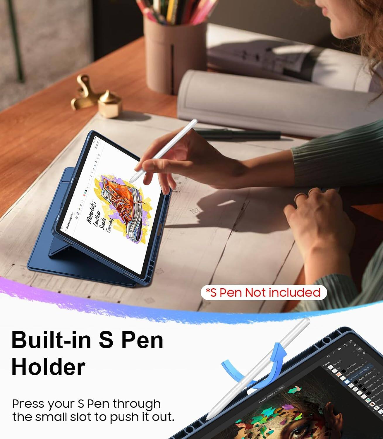 Materials: leather, Suede

*S Pen Not included

Built-in S Pen Holder

Press your S Pen through the small slot to push it out.