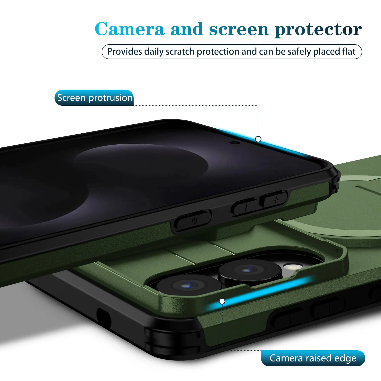 Camera and screen protector  
Provides daily scratch protection and can be safely placed flat  

Screen protrusion  
Camera raised edge