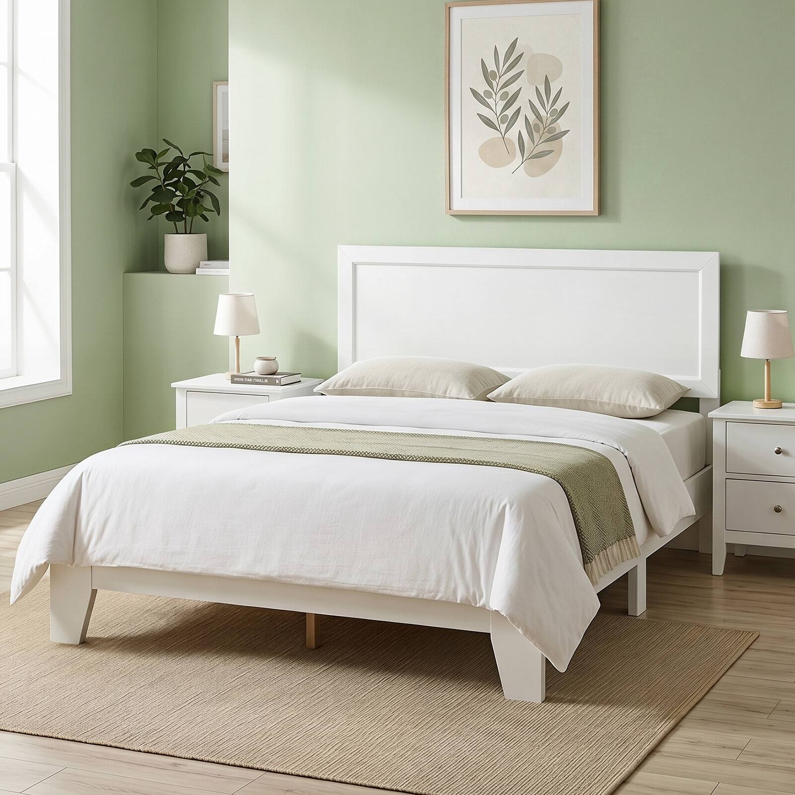 Alt View 4. Costway - Costway Full Size Bed Frame, Mid-Century Platform Bed with Headboard, No Box Spring Needed - White.