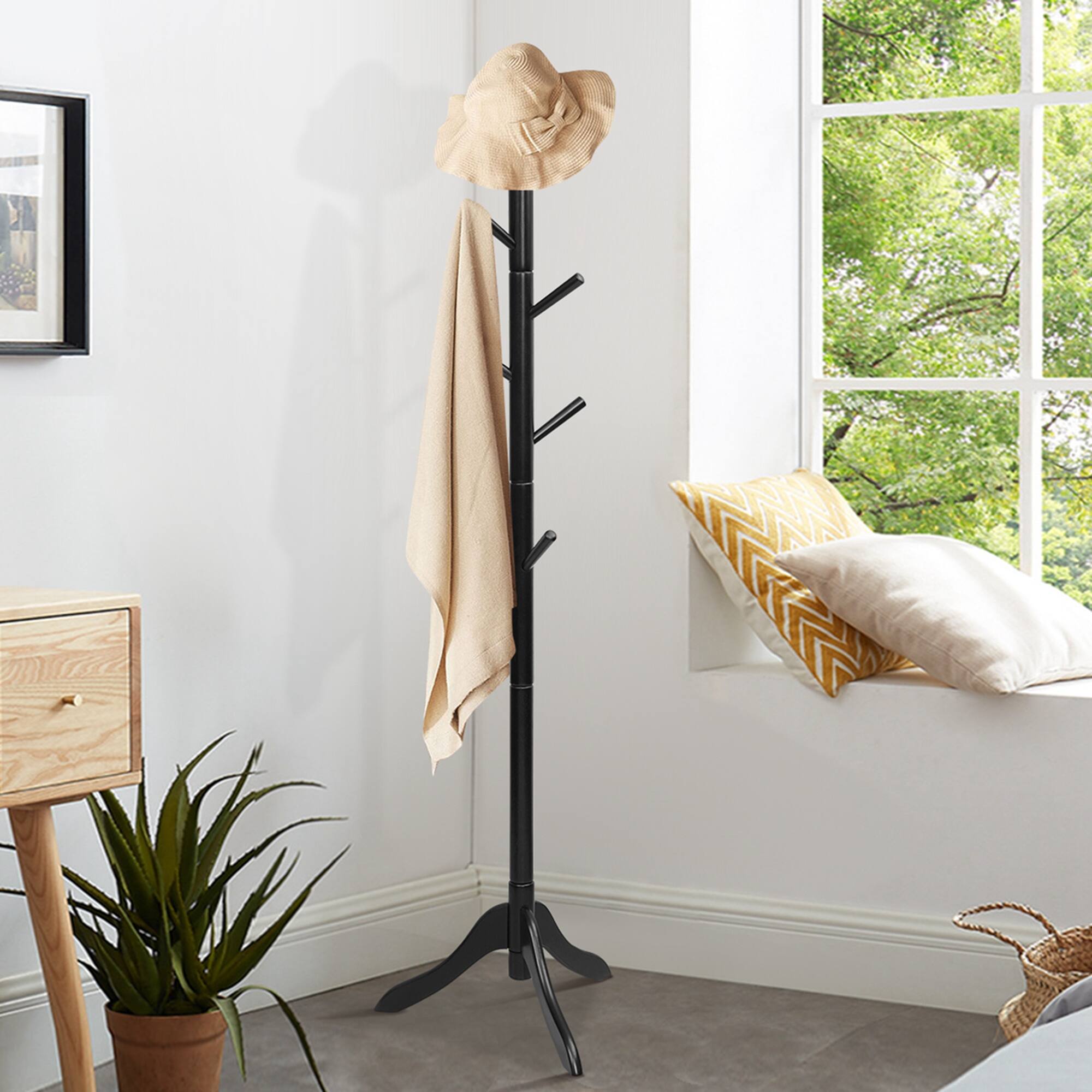 Alt View 10. Costway - Costway Wooden Coat Rack Stand Entryway Hall Tree 2 Adjustable Height with 8 Hooks - Black.