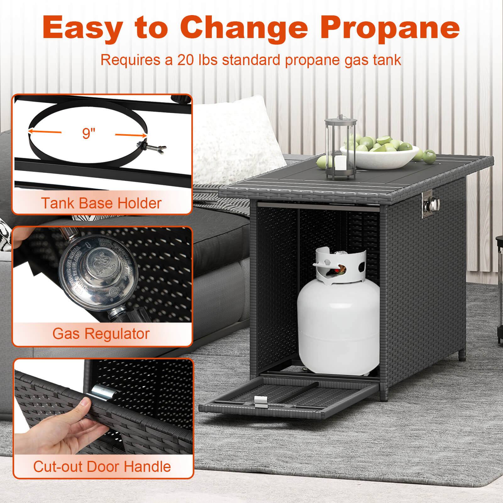 Easy to Change Propane  
Requires a 20 lbs standard propane gas tank  

- Tank Base Holder (9")  
- Gas Regulator  
- Cut-out Door Handle
