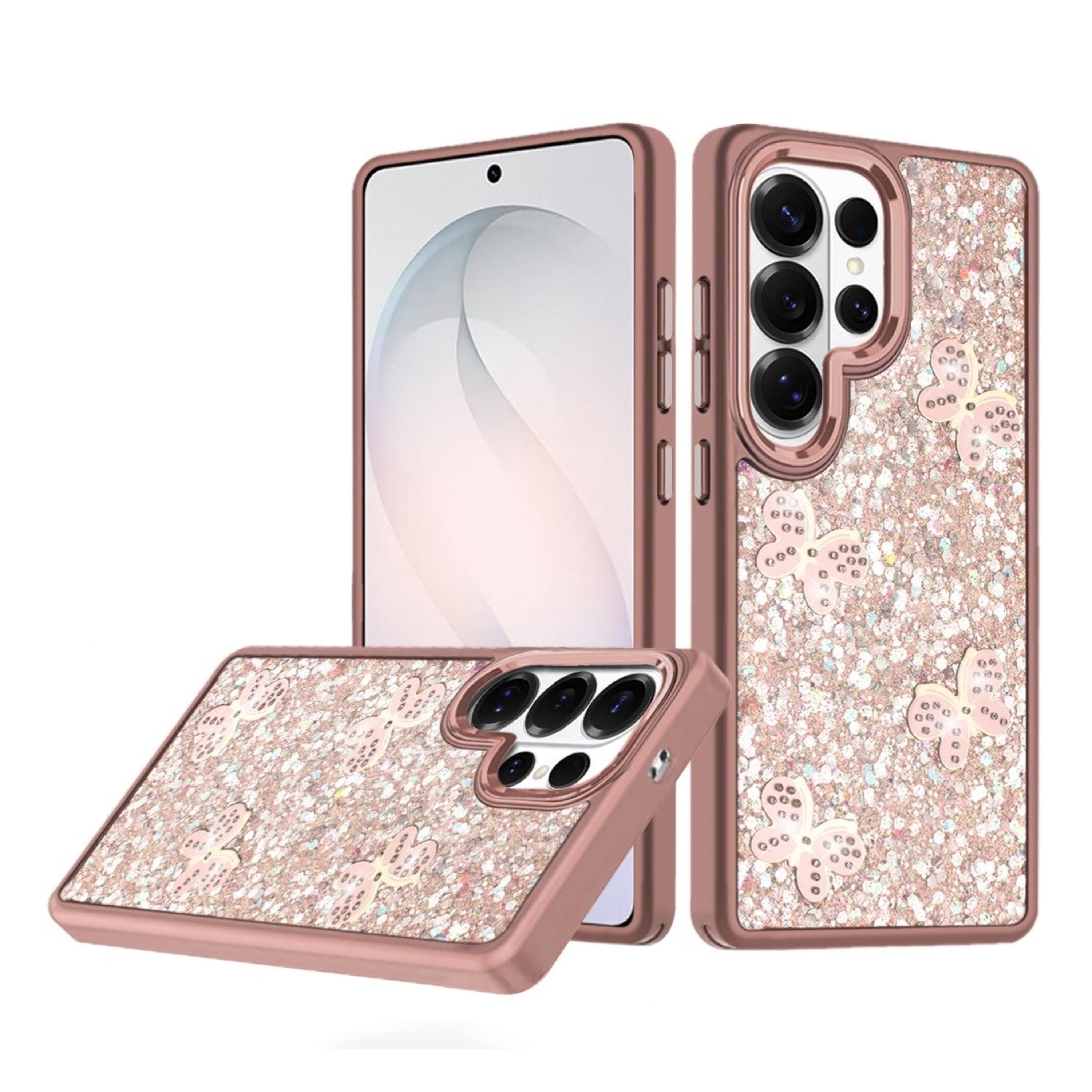 Kitcheniva - Full Glitter Flakes & Butterflies Design Phone Case With Tempered Glass For Samsung S26 Ultra - Rose Gold price history on PriceWatchPro