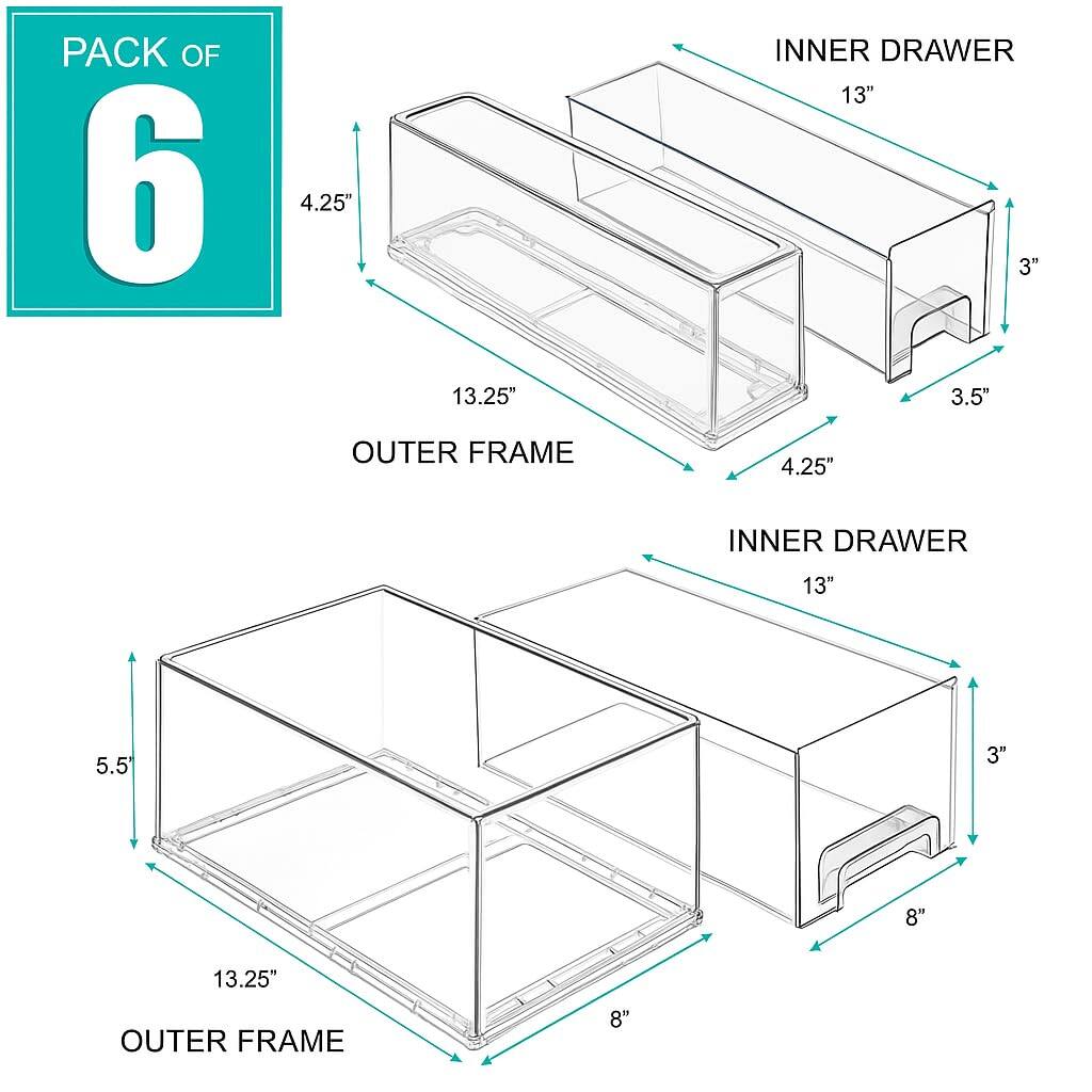 PACK OF 6

OUTER FRAME
- 13.25" (length)
- 4.25" (height)
- 8" (depth)

INNER DRAWER
- 13" (length)
- 3" (height)
- 3.5" (depth)

OUTER FRAME
- 13.25" (length)
- 5.5" (height)
- 8" (depth)

INNER DRAWER
- 13" (length)
- 3" (height)
- 3.5" (depth)