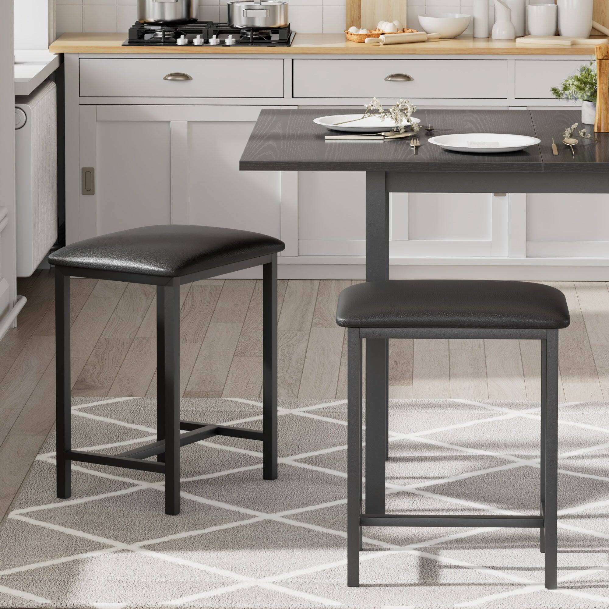 Alt View 1. Vecelo - Expandable Black Wood Dining Table Set with USB Ports, Space-Saving Kitchen Table for 4-6 People - Black Stool*6.