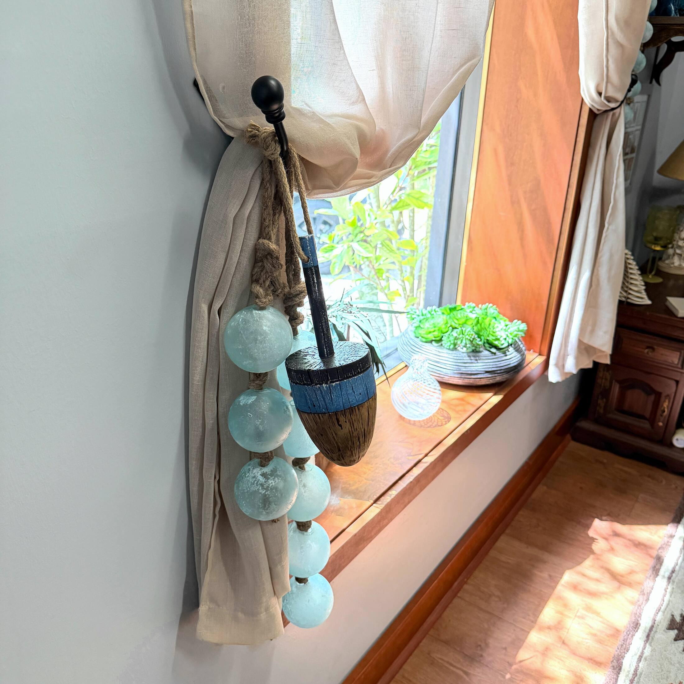 Alt View 5. Things2Die4 - Decorative Wood Buoy Blue Stripe Rope Hanger 15 Inch Nautical Wall Accent - Blue.