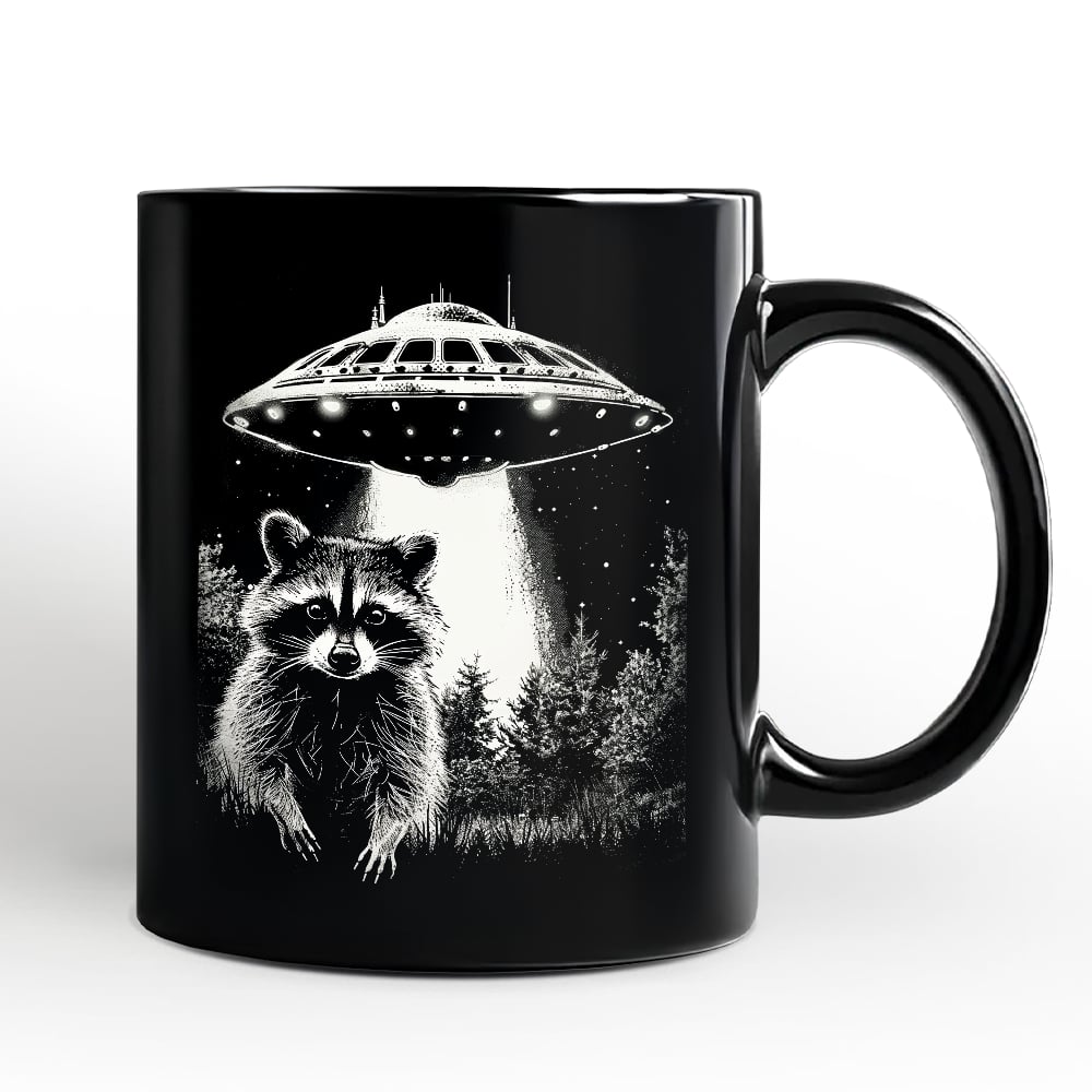 OrnamentallyYou - Funny UFO Raccoon Mug, Alien Gift - Black