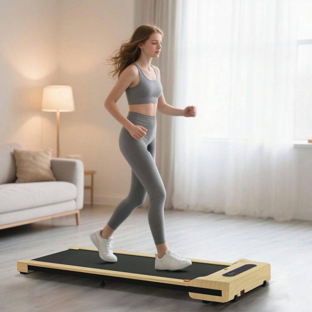 Front. Resenkos - 2.5HP Walking Pad Treadmill with Remote Control & Transport Wheels - Natural Wood - Brown.