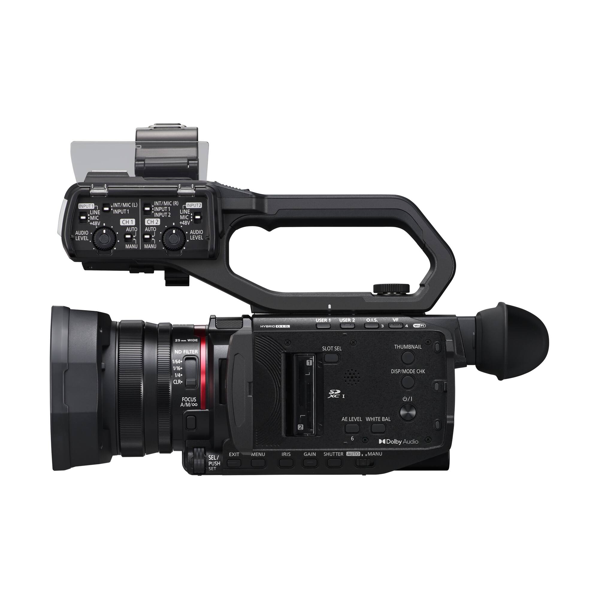 The image features a camera with a black lens attached to it. The camera has a line input and a mic input, as well as an audio level control. The camera is designed to capture high-quality video and audio, making it suitable for professional use. The camera is equipped with a thumb grip for easy handling and a focus control for adjusting the focus. Additionally, the camera has a shutter control for adjusting the shutter speed, ensuring optimal exposure in various lighting conditions.