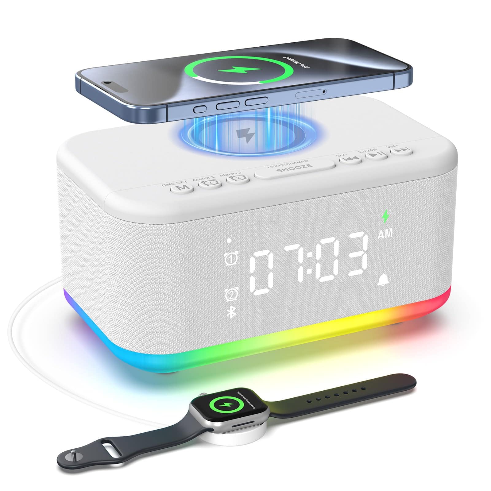Dazzed Corner - Alarm Clock Speaker with Wireless Charger, Bluetooth Digital Clock - White