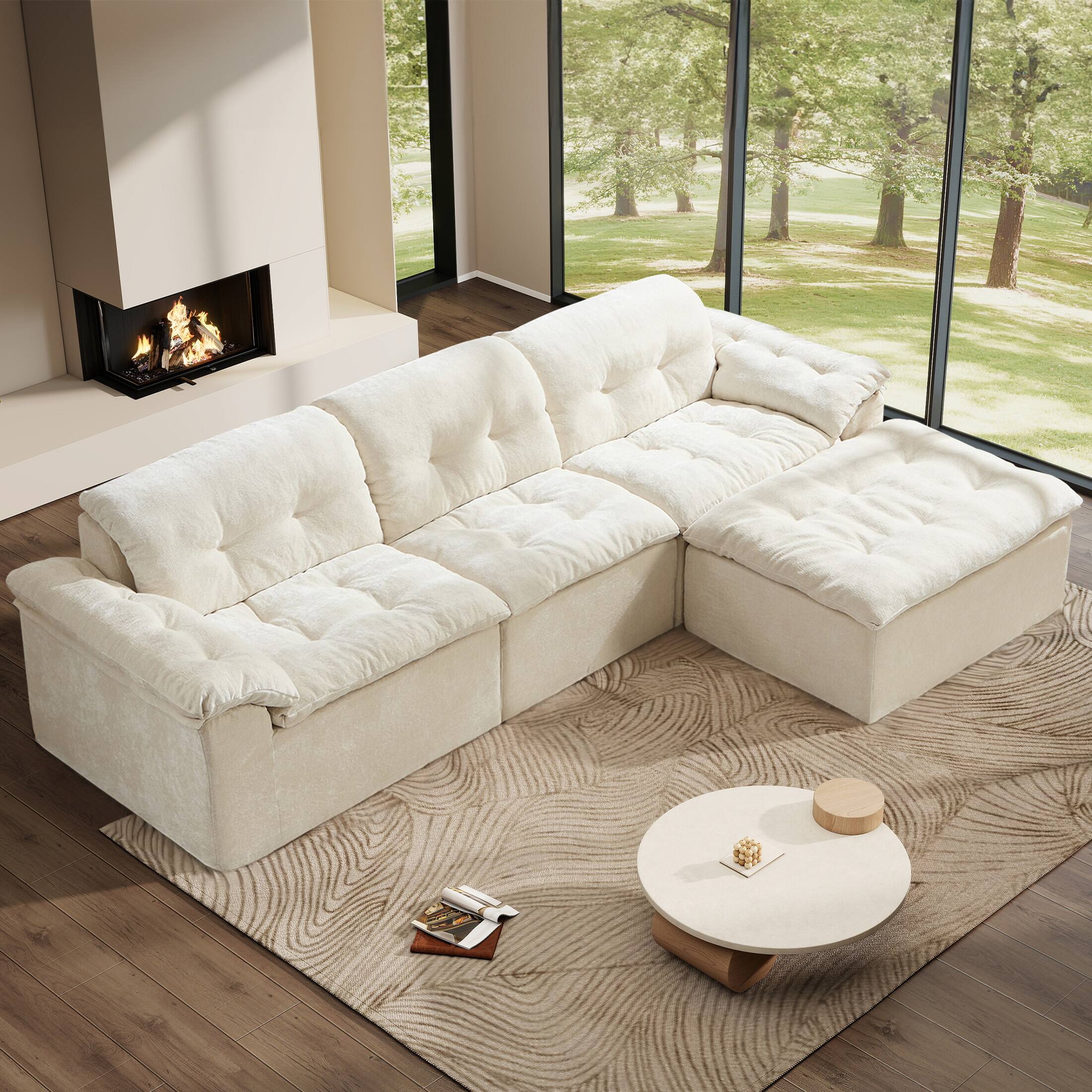 Angle. Anysun - Anysun L-Shaped Modular Chenille Cushioned Extreme Comfort Sofa with Detachable Backrest and Armrests, Removable Ottoman - Beige.