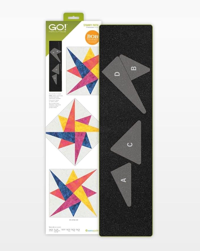 GO!  
STARRY PATH  
Fabric Cutting Die  

BOB  

A  
B  
C  
D  

The versatile Starry Path die is perfect for creating a variety of projects. Use it to make a quilt, a wall hanging, or a table runner. The die is designed to cut a 12" x 12" square of fabric into a beautiful star pattern.  

FREE pattern included!  

GO!  
GO!  
GO!  

acuquilt