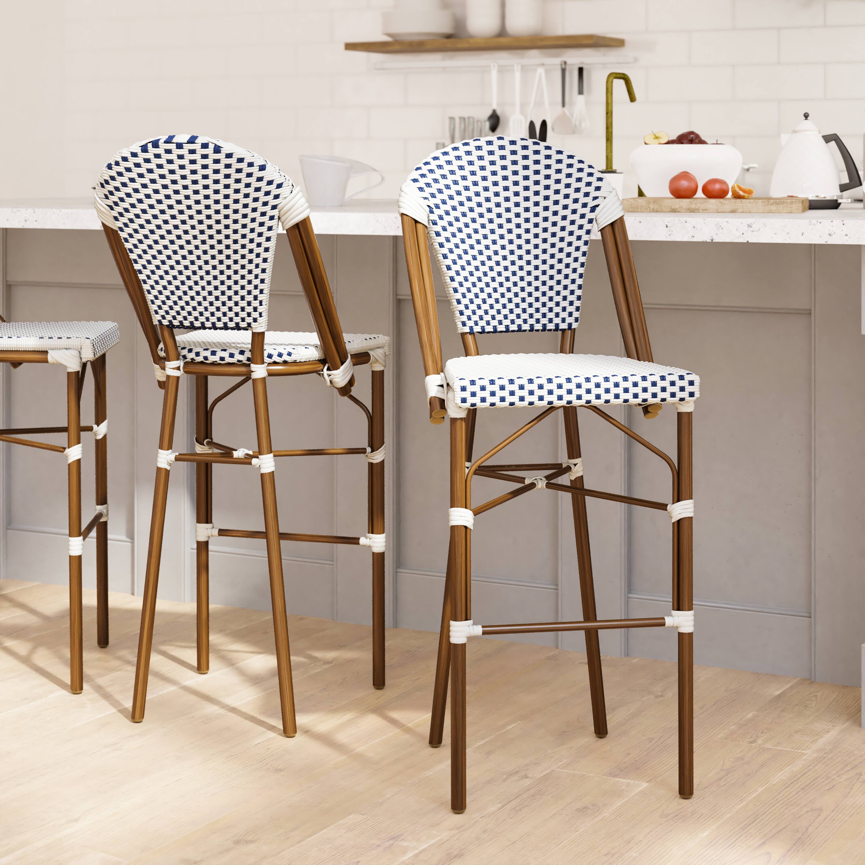 Alt View 2. Emma + Oliver - Colmar Set of Two Indoor/Outdoor 30" High Stacking Bistro Counter Stools with Patterned Seat and Back and Metal Frames - White & Navy/Natural Frame.