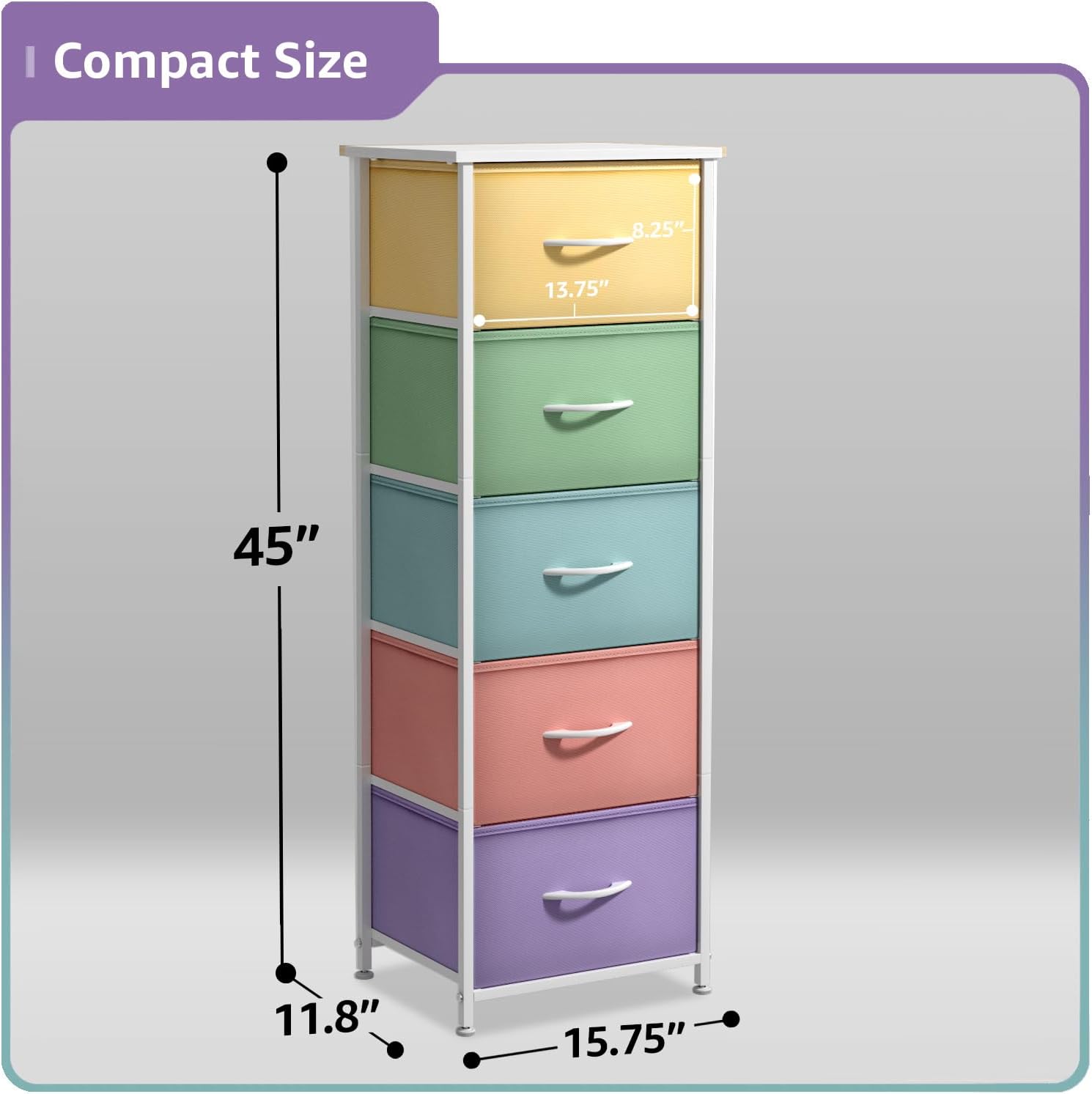 Compact Size  
8.25" x 13.75" x 45" x 11.8" x 15.75"