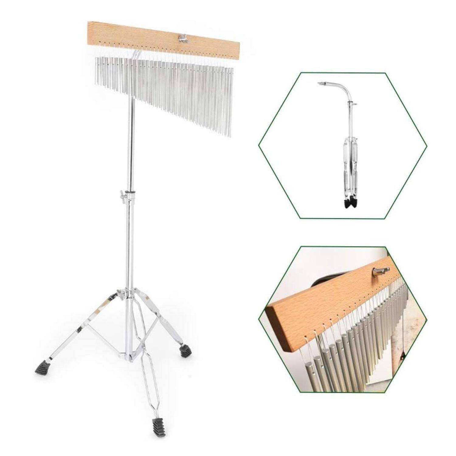 Left. Stock Preferred - 36 Tone Single Row Bar Chimes with Tripod Stand - Silver.