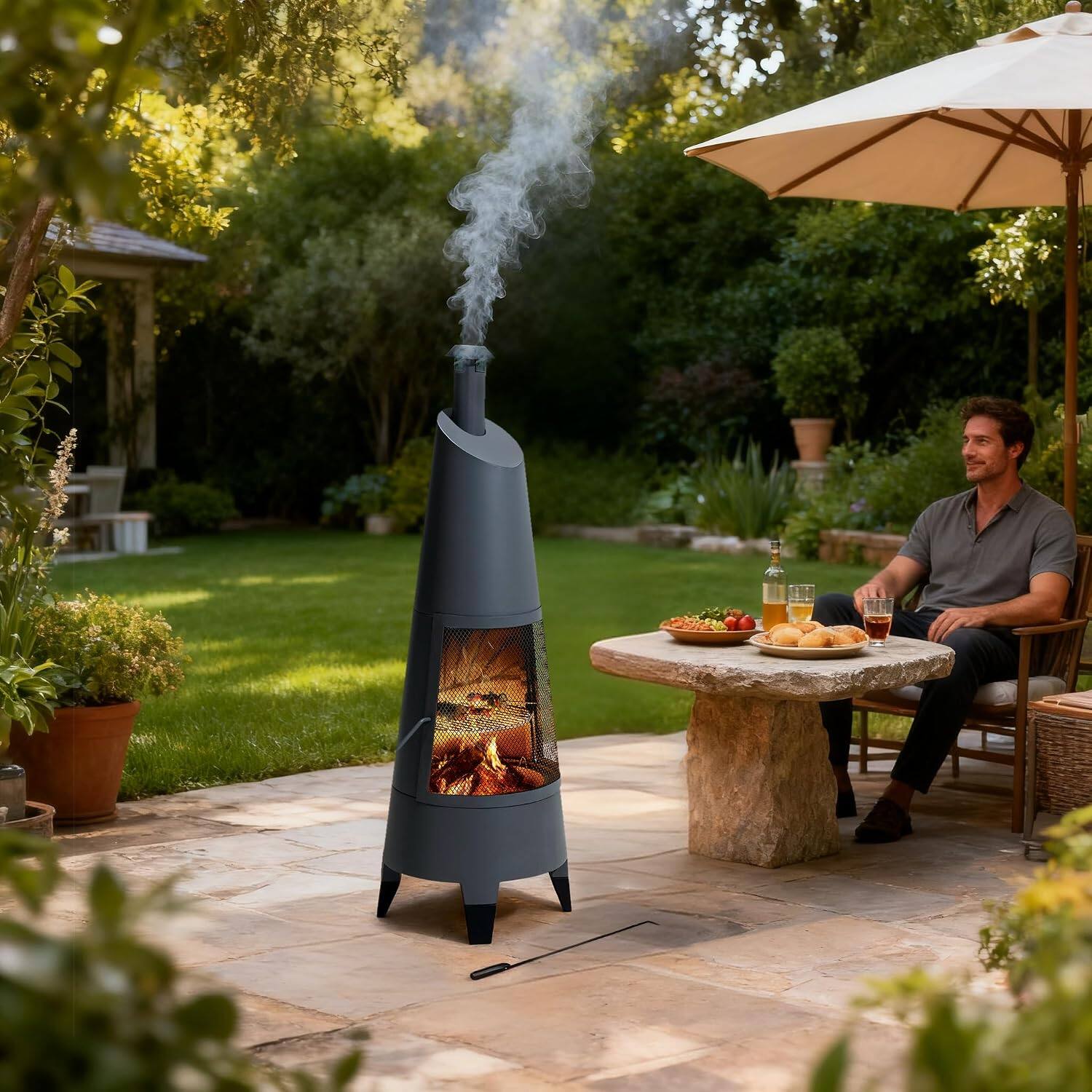Alt View 1. SUNJOY - 57 Inch 2‑in‑1 Chiminea Fire Pit & Grill, Grey Metal Outdoor Fireplace with Removable Stainless Steel Grate, PVC Cover.