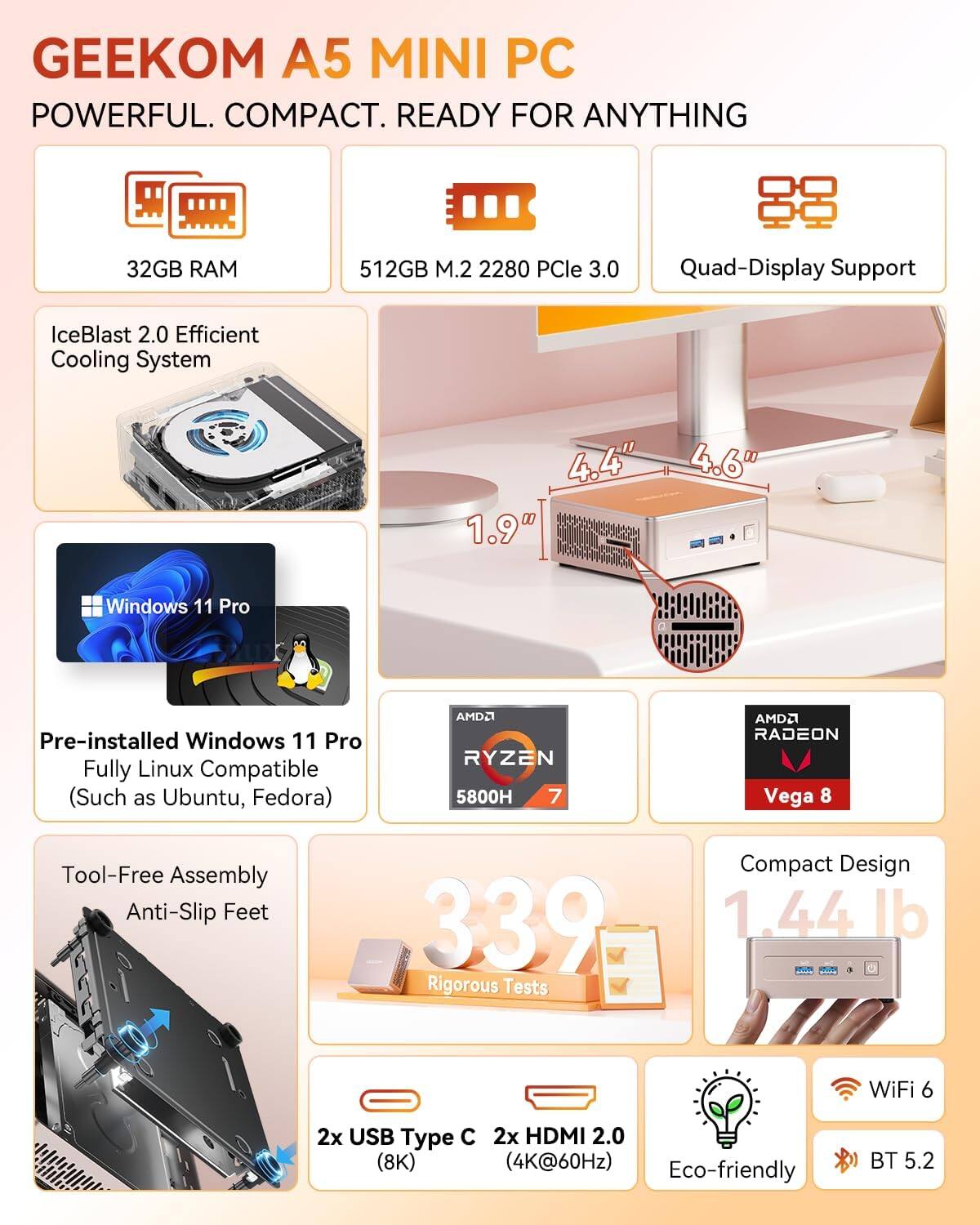 GEEKOM A5 MINI PC  
POWERFUL. COMPACT. READY FOR ANYTHING  

- 32GB RAM  
- 512GB M.2 2280 PCIe 3.0  
- Quad-Display Support  
- IceBlast 2.0 Efficient Cooling System  
- Pre-installed Windows 11 Pro  
- Fully Linux Compatible (Such as Ubuntu, Fedora)  
- AMD Ryzen 5800H  
- AMD Radeon Vega 8  
- Tool-Free Assembly  
- Anti-Slip Feet  
- 339 Rigorous Tests  
- Compact Design (1.44 lb)  
- 2x USB Type C (8K)  
- 2x HDMI 2.0 (4K@60Hz)  
- WiFi 6  
- BT 5.2  
- Eco-friendly