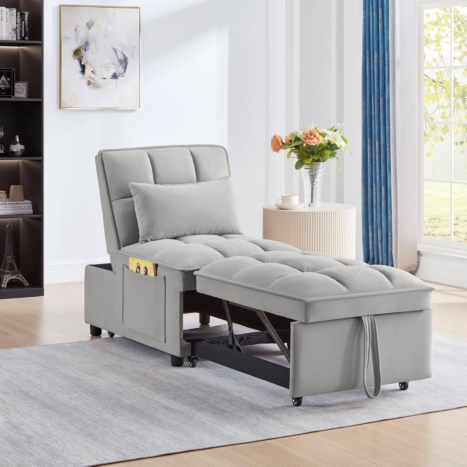 Front. Trinkets Crazed - 4 in1 Multi-Function Single Sofa Bed with Storage Pockets,Tufted Single Pull-out Sofa Bed with Adjustable Backrest - gray.