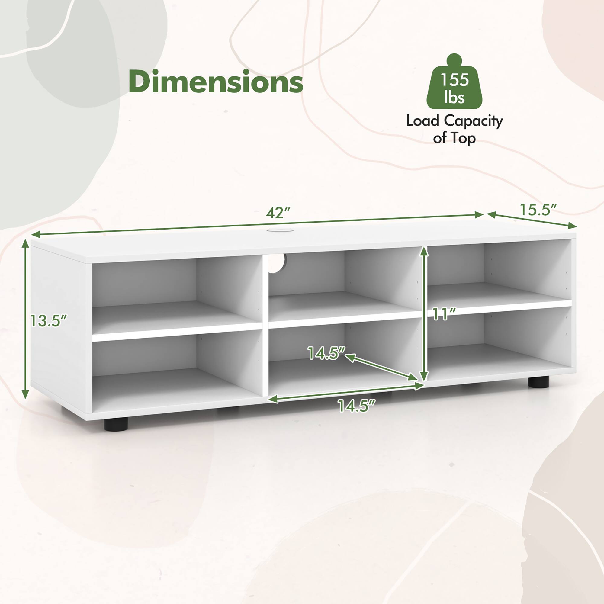 Dimensions: 42" x 15.5" x 13.5"
Load Capacity of Top: 155 lbs
Shelf Dimensions: 14.5" x 14.5" x 11"