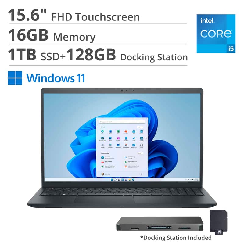 Dell - 15.6" 2K Touch Laptop,Intel i5 1334U,16GB RAM,1TB SSD+160GB Dock Set,Intel UHD GPU,Numeric Pad,Win 11 - Black