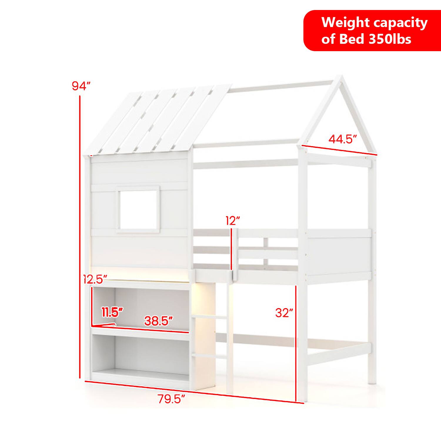 Weight capacity of Bed 350lbs  
94" 44.5" 12" 12.5" 11.5" 38.5" 32" 79.5"
