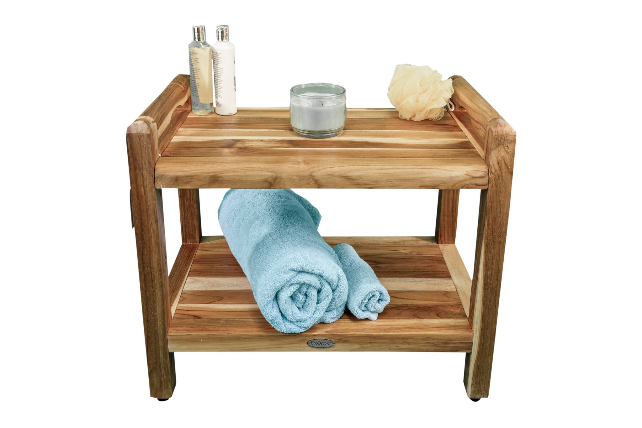 Left. EcoDecors - EcoDecors Eleganto EarthyTeak 24" Teak Shower Bench, LiftAide Arms - EarthyTeak.