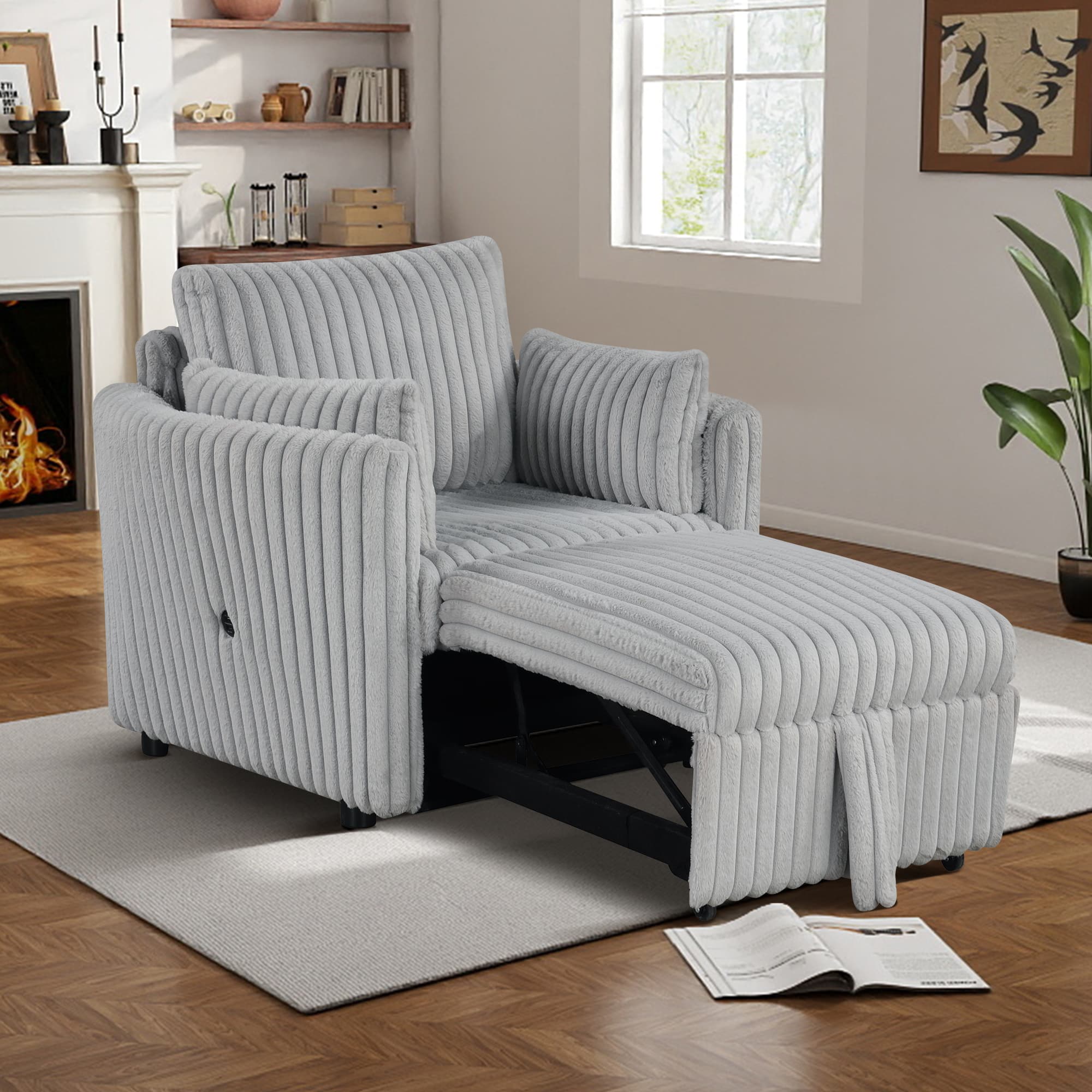 Aukfa - Pull Out Sofa Bed with 2 Pillows, Single Sofa Chair with USB Ports, Pillow Back - Light Gray