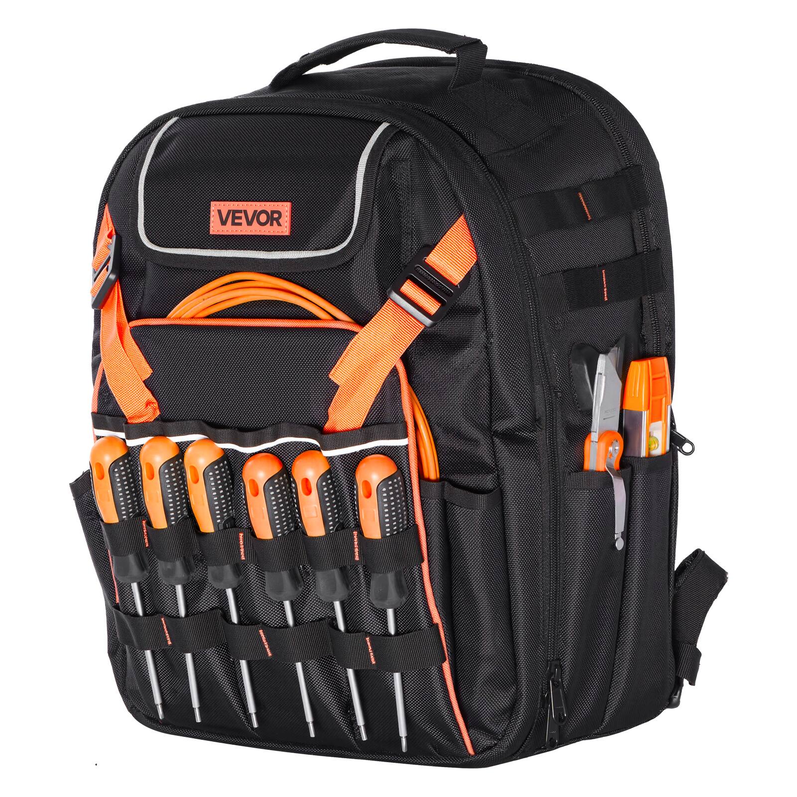 Alt View 5. VEVOR - Tool Backpack, 45 Pockets, Heavy-duty Tools Storage Organizer Work Bags with Laptop Compartment&Reinforced Fabric Basee - Black & Orange.