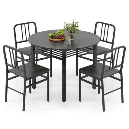 Front. Costway - Costway 5-Piece Round Dining Table Set, Space-saving Dinette Table Set with Storage Shelf - Gray,Black.