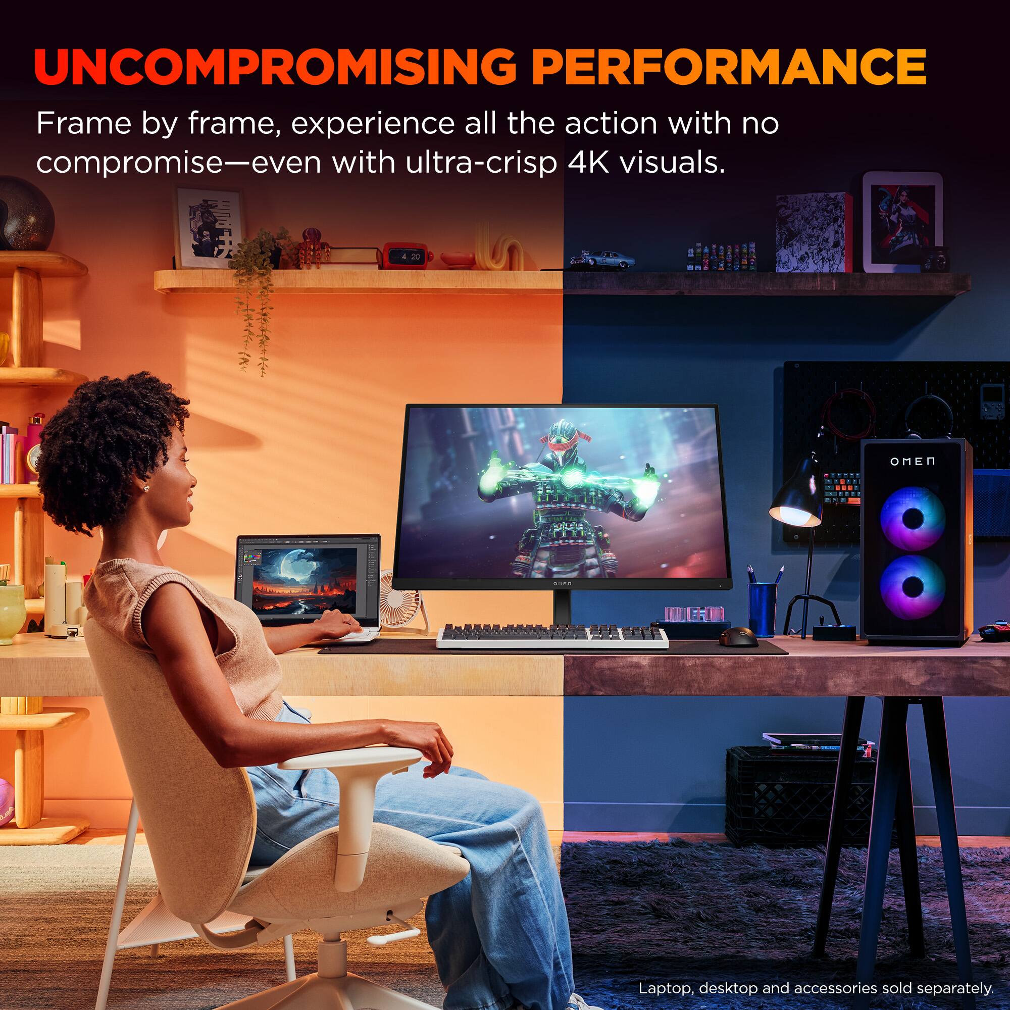 UNCOMPROMISING PERFORMANCE Frame by frame, experience all the action with no compromise - even with ultra-crisp 4K visuals. One laptop, desktop and accessories sold separately.