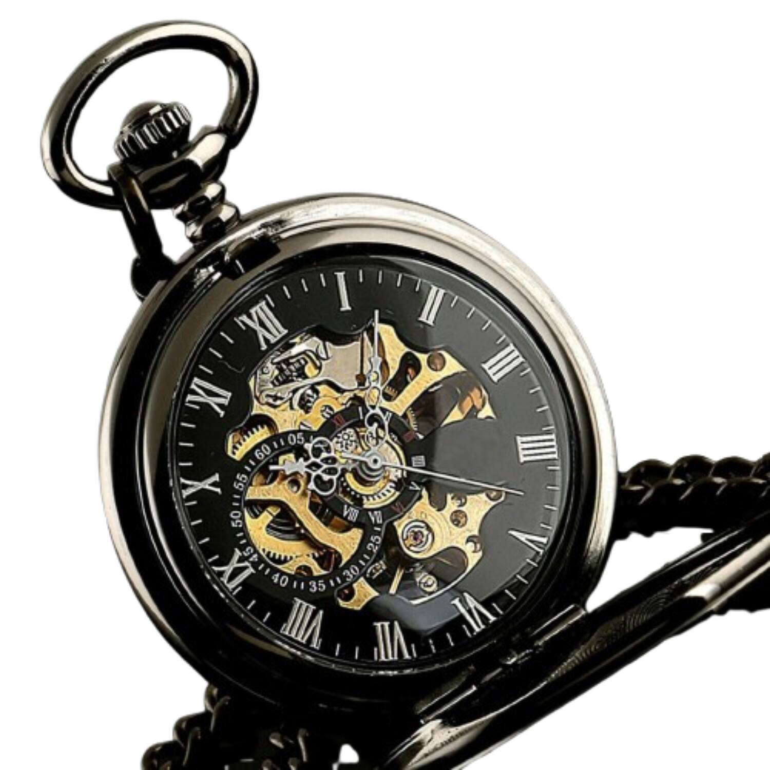 Home Collection - Men's Mechanical Pocket Watch with Steampunk Skeleton Design and Chain - Black