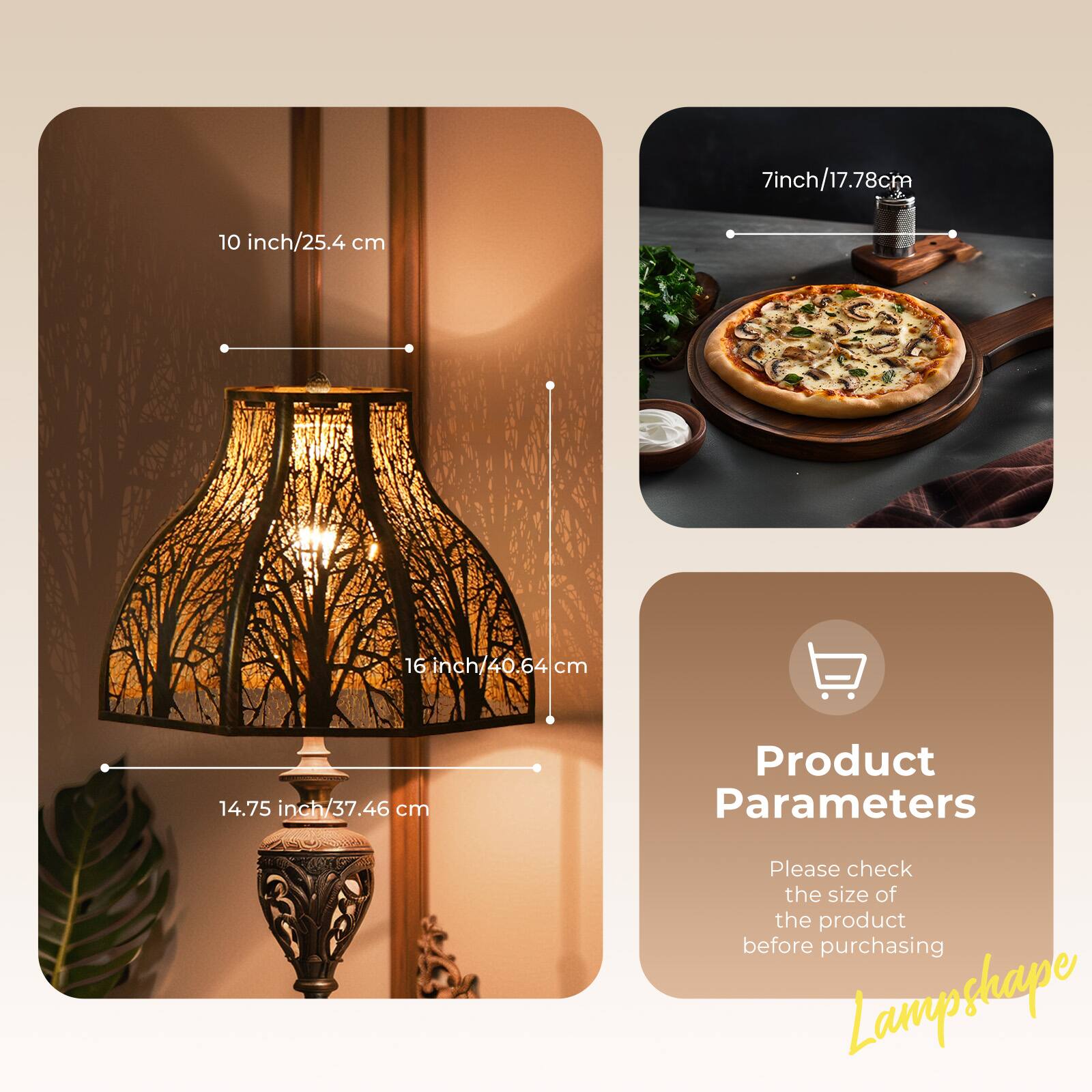 10 inch/25.4 cm, 16 inch/40.64 cm, 14.75 inch/37.46 cm, 7 inch/17.78 cm, Product Parameters Please check the size of the product before purchasing Lampshape