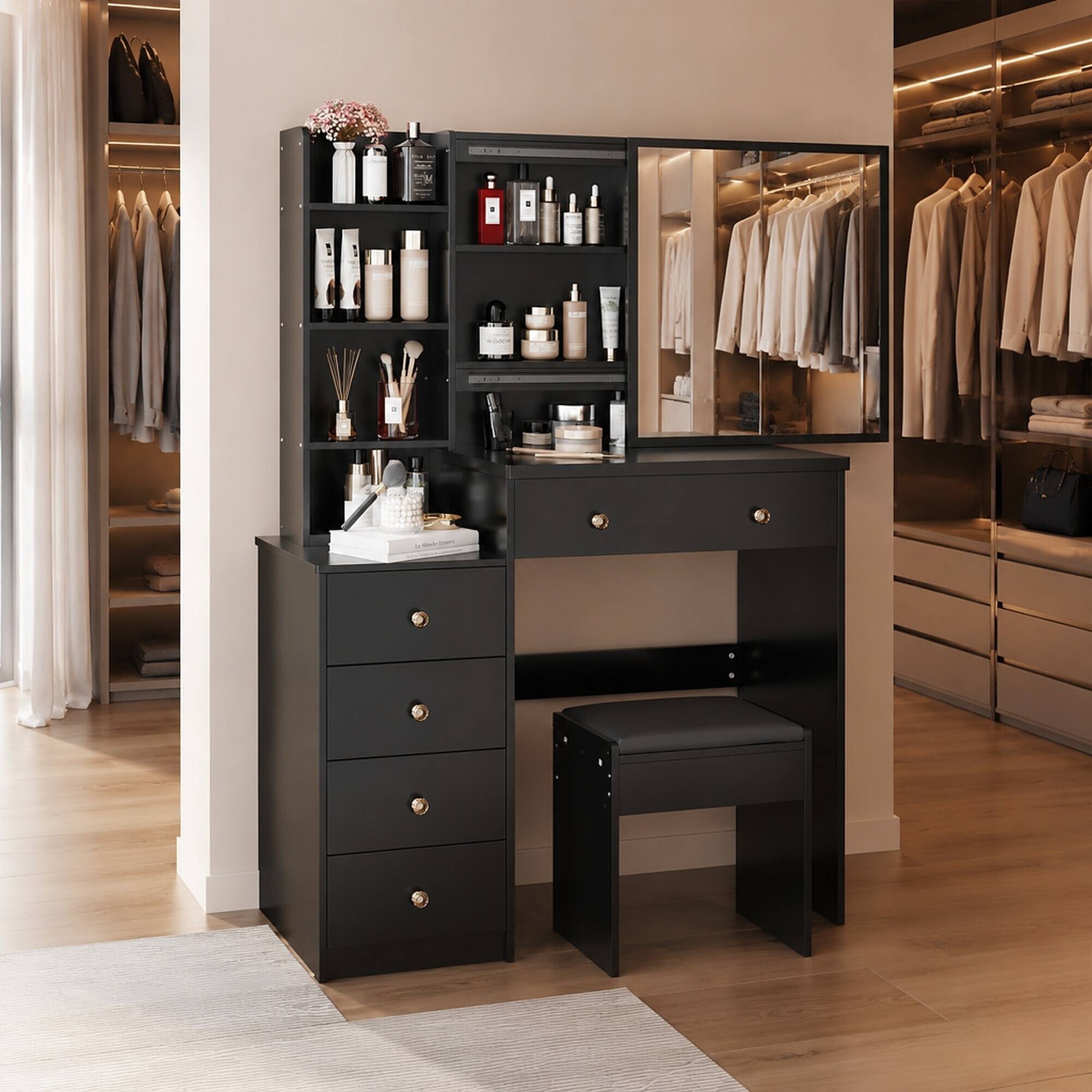 Left. RYHNUYNE - 37 in Makeup Vanity Table Set, Sliding Mirror, Cushioned Stool, Multi Layer Storage, UL and EPA Certified - Black.