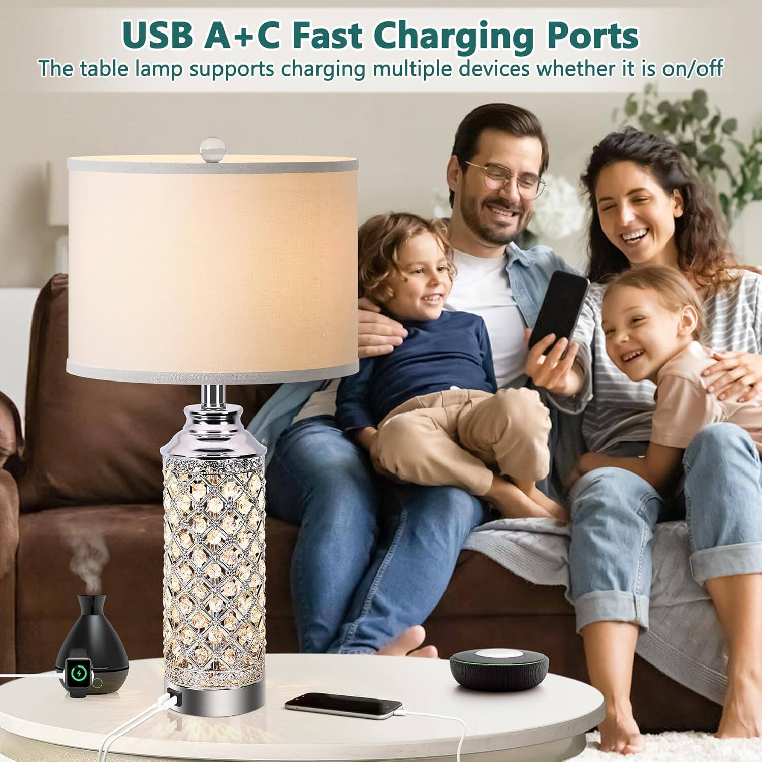 USB A+C Fast Charging Ports  
The table lamp supports charging multiple devices whether it is on/off