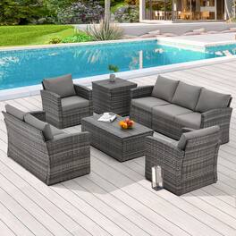 Mondawe - 7-Piece Rattan Storage Seating Set with Coffee Table and Side Table - Blue+Grey