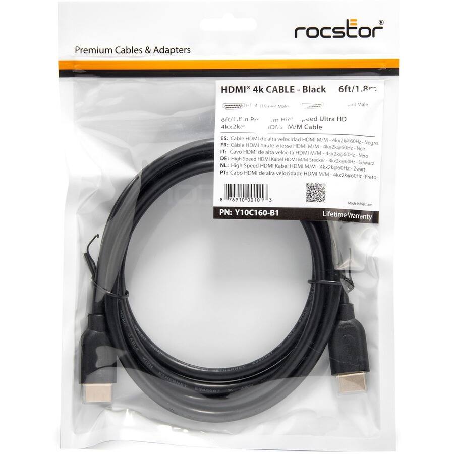 Premium Cables & Adapters

HDMI® 4K CABLE - Black 6ft/1.8m

- 6ft/1.8m Premium
- High Speed Ultra HD
- HDMI® 2.0b
- 4Kx2K@60Hz
- Ethernet

ES: Cable HDMI de alta velocidad HDMI M/M - 4Kx2K@60Hz - Negro
FR: Cable HDMI haute vitesse HDMI M/M - 4Kx2K@60Hz - Noir
IT: Cavo HDMI di alta velocità HDMI M/M - 4Kx2K@60Hz - Nero
DE: High Speed HDMI Kabel HDMI M/M Stecker - 4Kx2K@60Hz - Schwarz
NL: High Speed HDMI Kabel HDMI M/M - 4Kx2K@60Hz - Zwart
PT: Cabo HDMI de alta velocidade HDMI M/M - 4Kx2K@60Hz - Preto

PN: Y10C160-B1

Made in Vietnam

Lifetime Warranty