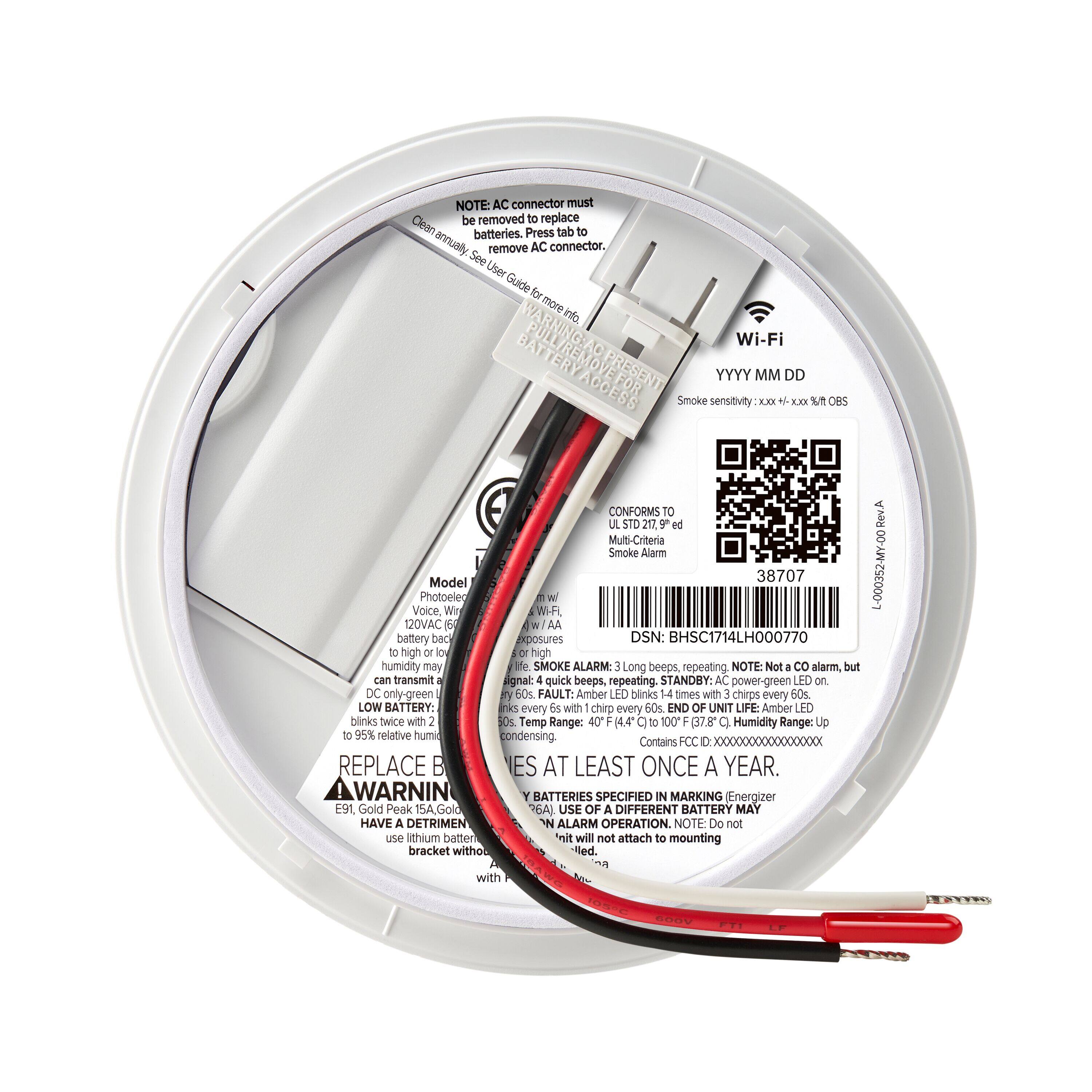 **NOTE:** AC connector must be removed to replace batteries. Press tab to remove AC connector. See User Guide for more info.

**BATTERY WARNING:** AO Wi-Fi ACCESS PRESENT FOR YYYY MM DD Smoke sensitivity XXX: + XXX % OBS CONFORMS TO UL STD 212 ed

**Model:** 38707 Photoele Voice We WI-FI 120VAC 16 AA battery bac Exposures

**DSN:** BHSC1714LH000770

**SMOKE ALARM:** 3 Long beeps, repeating. NOTE: Not a CO alarm, but can transmit signal: 4 quick beeps, repeating.

**STANDBY:** AC power-green LED on DC only-green

**FAULT:** Amber LED blinks 14 times with 3 chirps every 60s.

**LOW BATTERY:** Amber LED blinks every 60s with chirp every 60s.

**END OF UNIT LIFE:** Amber LED blinks twice with 1 chirp every 30s.

**Temp Range:** 40 F(4.4 C to 100 F 378

**Humidity