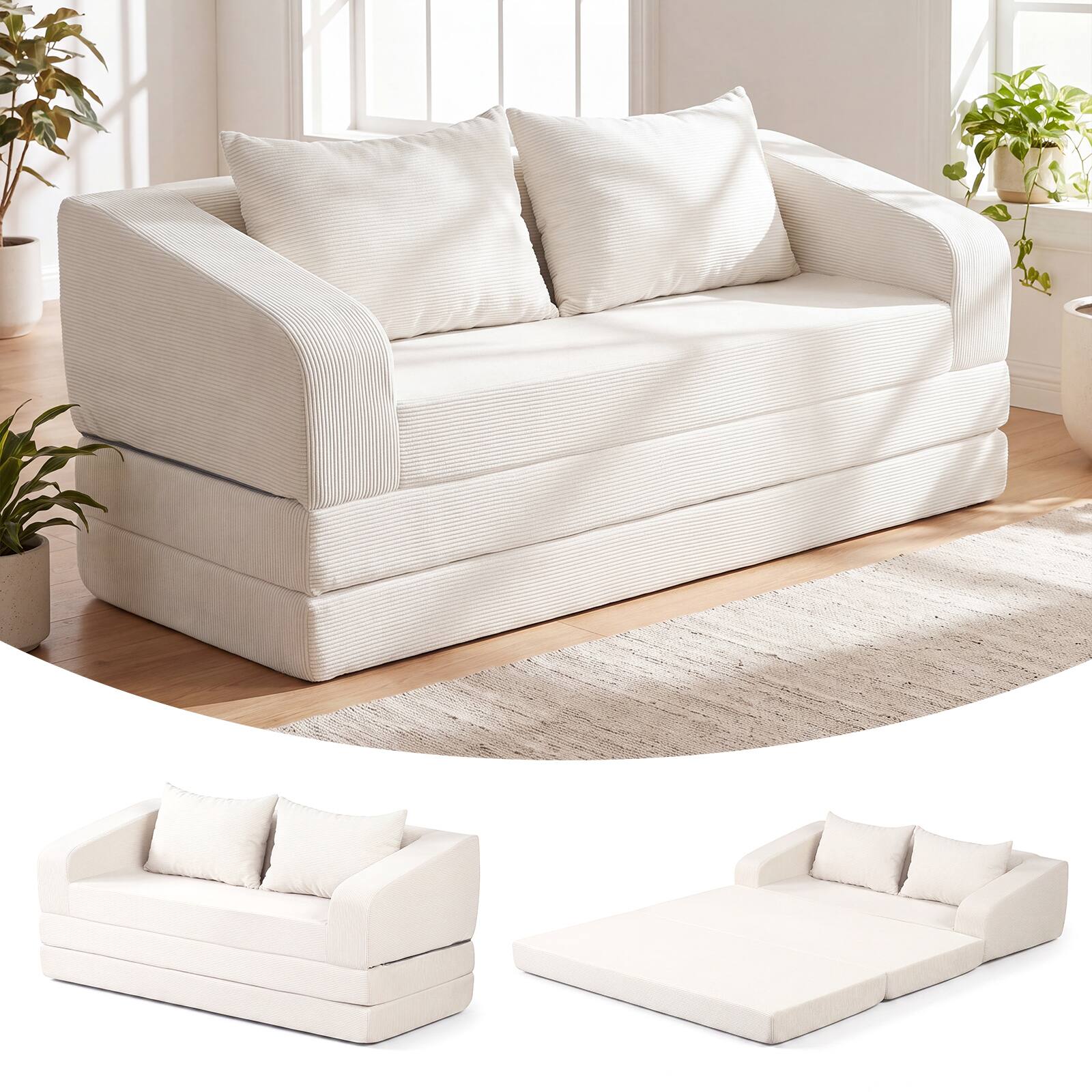 Alt View 6. Costway - Costway 61" Convertible Futon Sofa Bed with 2 Back Cushions for Living Room, No Assembly - Beige.