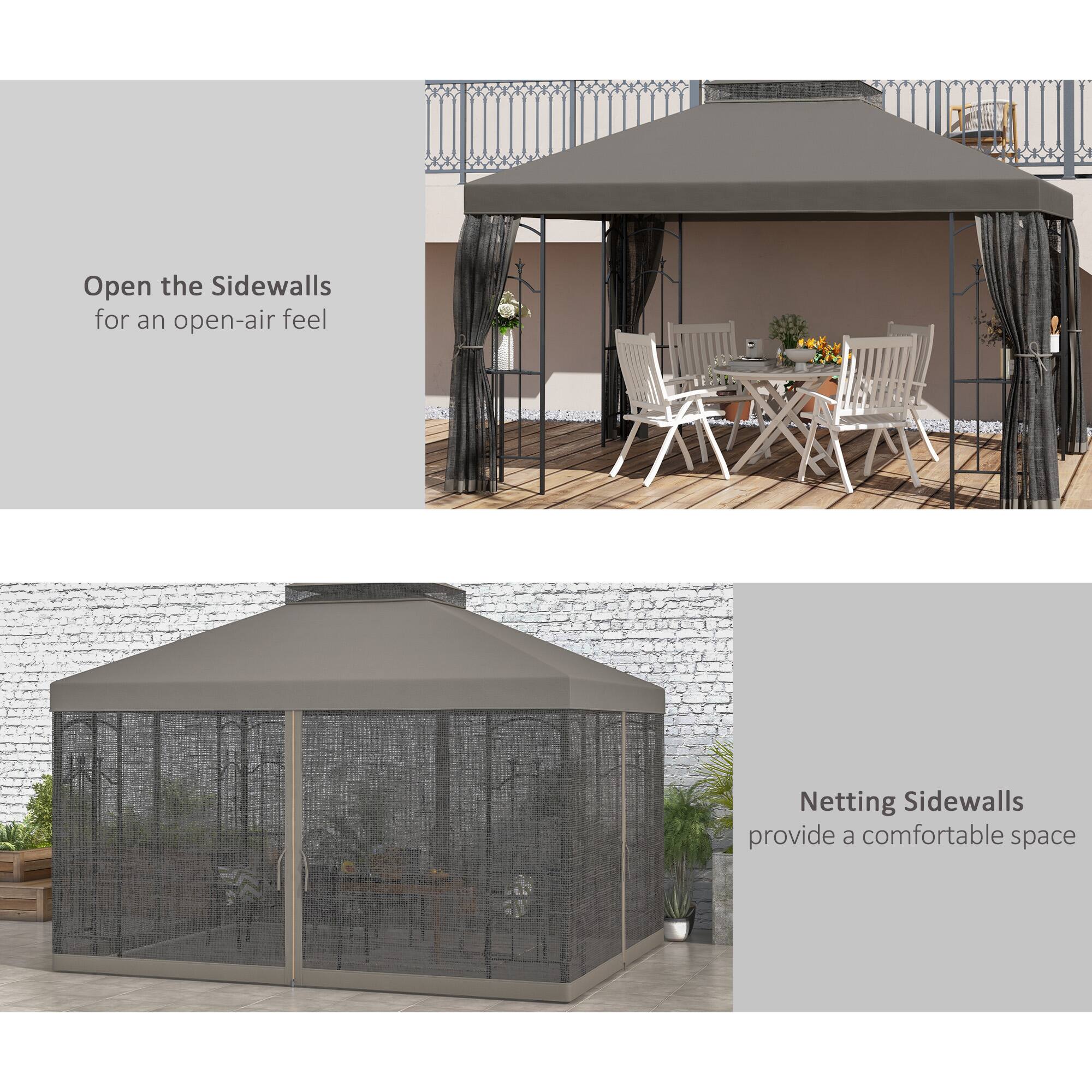 Open the Sidewalls for an open-air feel, Netting Sidewalls provide a comfortable space