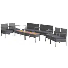 Gymax - 8PCS Rattan Patio Conversation Furniture Set w/ Acacia Wood Tabletop & Cushions - Gray
