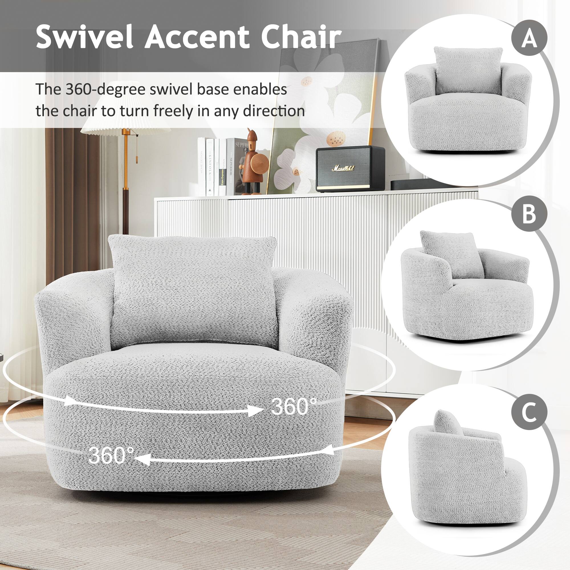 Swivel Accent Chair

The 360-degree swivel base enables the chair to turn freely in any direction.