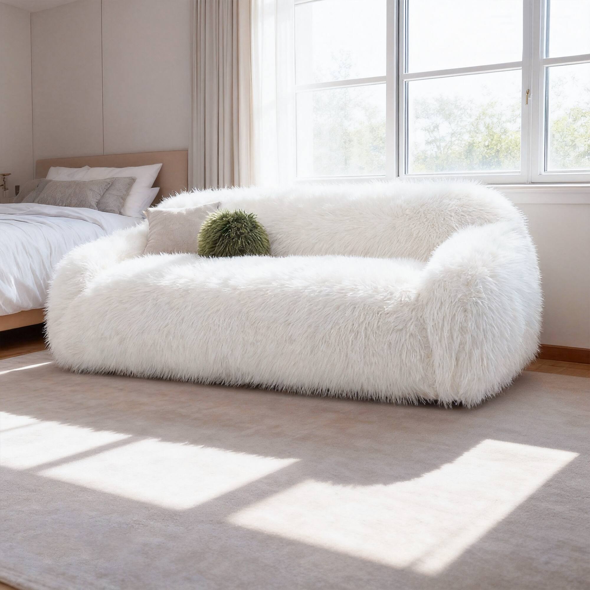 Angle. Vaczon - 3-Seater Plush Faux Fur Sofa with Soft Long Pile and Luxurious Comfort for Living Rooms or Apartments - White.