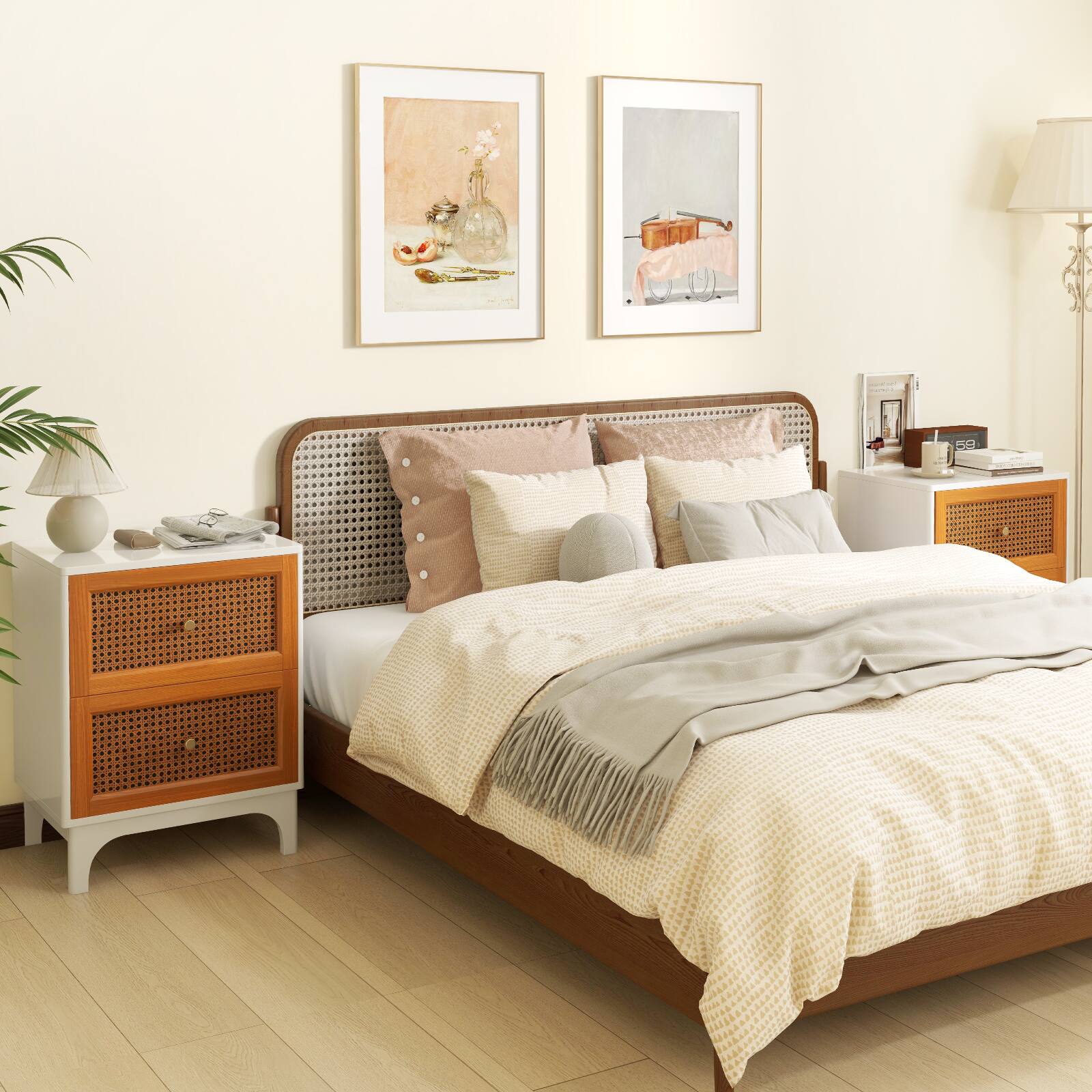 Alt View 8. Ecooso - Boho Accent Nightstand with 2 Handwoven Drawers Rattan Bedside End Side Table - White.